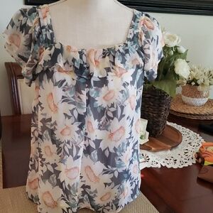 Floral Ruffle Square-Neck Women's Blouse - White/Gray